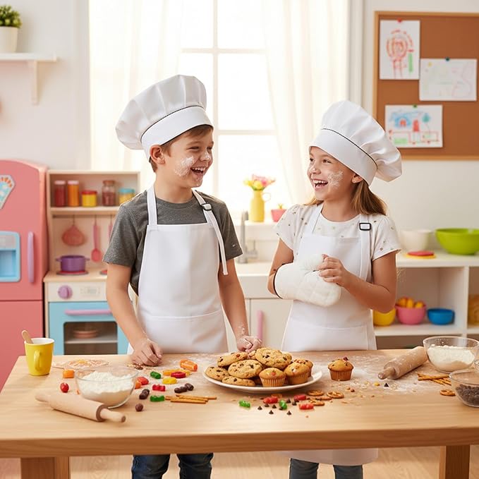 Kids Apron and Chef Hat Set, Adjustable DIY Children Apron Cooking Baking Set Dress Up and Pretend Play Dress Up Clothes for Cooking Classroom Baking Painting (White)