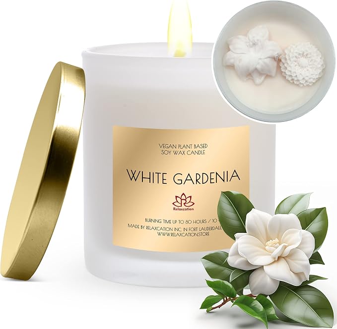 Natural Soy Wax Candle in Glass Jar | Luxury White Gardenia Scented Soy Candles with Embeds | Delicate and Floral Aroma| Long Burning 80 Hours Aromatherapy | Giftable Box | 10oz