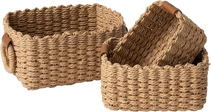 LA JOLIE MUSE Small Wicker Baskets for Organizing, Desert 3 Pack | Decorative Organizer with Vegan Leather Tag, Round Handle, Storage Baskets for Shelves, Bedroom, Kitchen, Office and Home