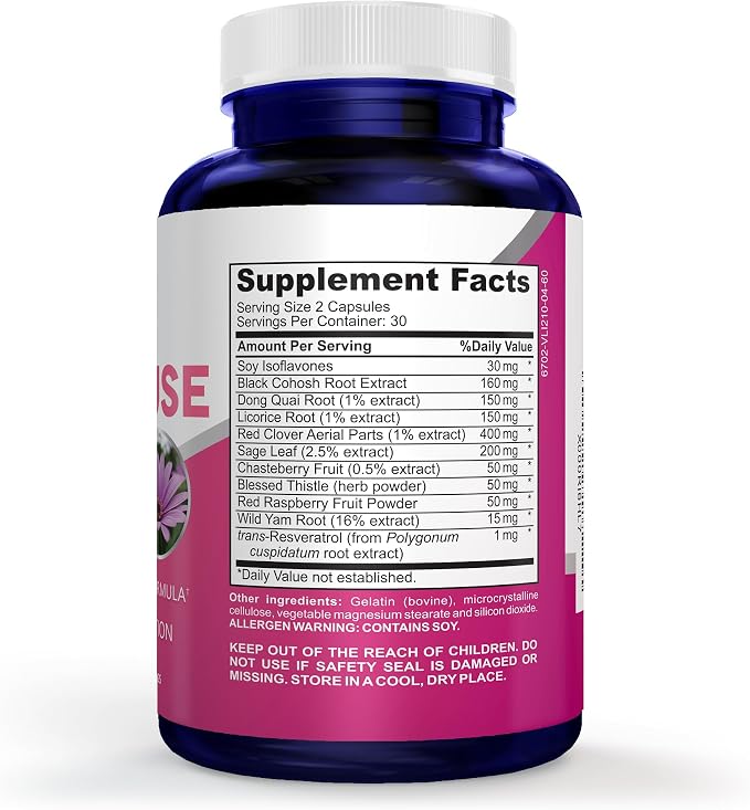 Menopause Complex 60 Capsules with Black Cohos Root Extract -30 Servings | Herbal Formula with Soy Isoflavones, Dong Quai, Licorice, Vitex Berry, Manufactured in the USA in a GMP registered facility