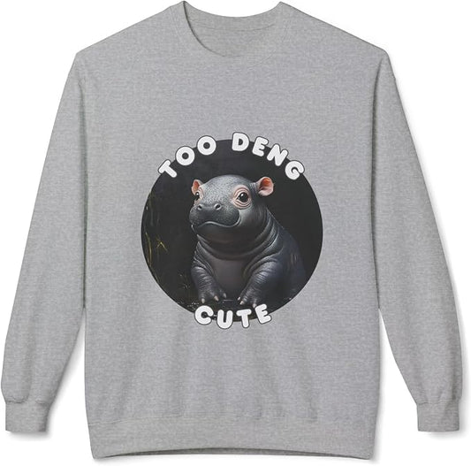 Unisex Fleece Crewneck Sweatshirt - Too Deng Cute Moo Deng Hippo, Cozy Cotton Blend, Classic Relaxed Fit