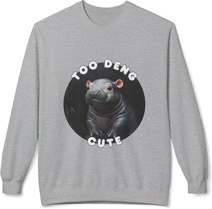 Unisex Fleece Crewneck Sweatshirt - Too Deng Cute Moo Deng Hippo, Cozy Cotton Blend, Classic Relaxed Fit