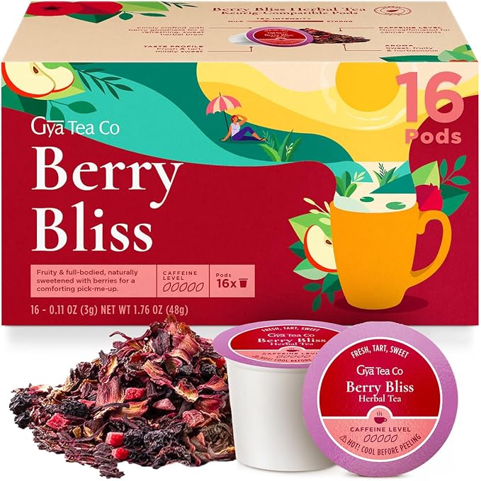 Gya Tea Co Berry Bliss Herbal Tea Pod (16 Count)- Decaf Wellness Tea for Body Comfort & Relaxing