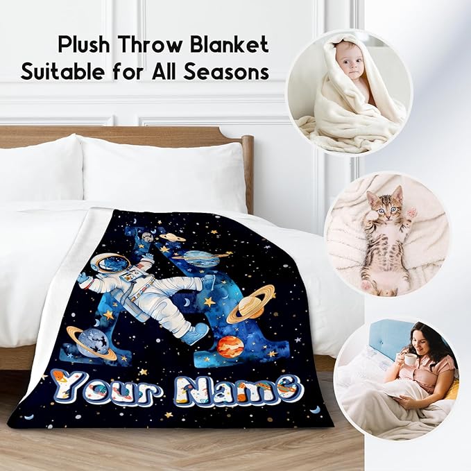 Personalized Boys Blanket for Planet Lovers - Planet Blankets Gifts for Kids - Custom Initial Throw for Son - 60"x80" Monogram Gift with Name for Bed, Living Room