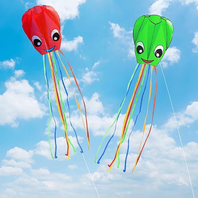 3 Pack Large New Upgraded Smiley Octopus Kites, Long Tail Beautiful Kite for Kids Adults Easy Fly to for Beach Great Outdoor Games and Activities with Family, Red Blue Green 3 Colors