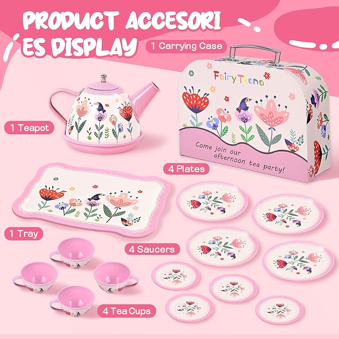 Floral Tea Party Set for Little Girls Ages 3-6, 15-Piece Pretend Play Kitchen Toys with Teapot, Cups, Plates & Storage Case, Princess Gift Set (Pink)