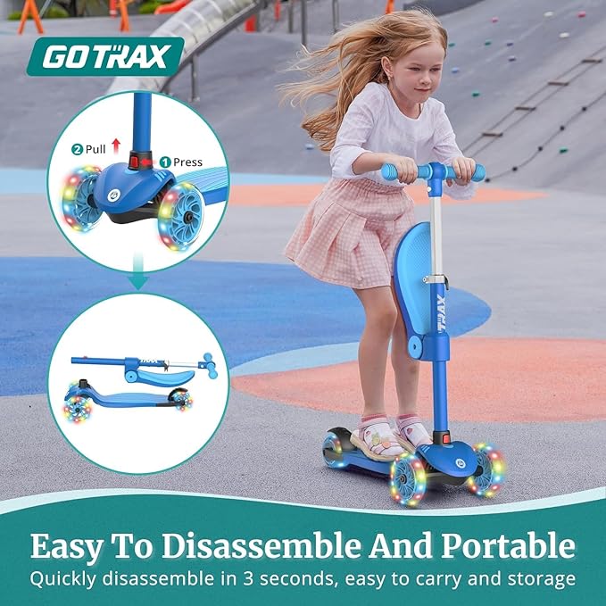 Gotrax KS3 Kids Kick Scooter, LED Lighted Wheels, Adjustable Height Handlebars and Removable Seat, Lean-to-Steer & Widen Anti-Slip Deck, 3 Wheel Scooter for Kids Ages 2-8 and up to 110 Lbs