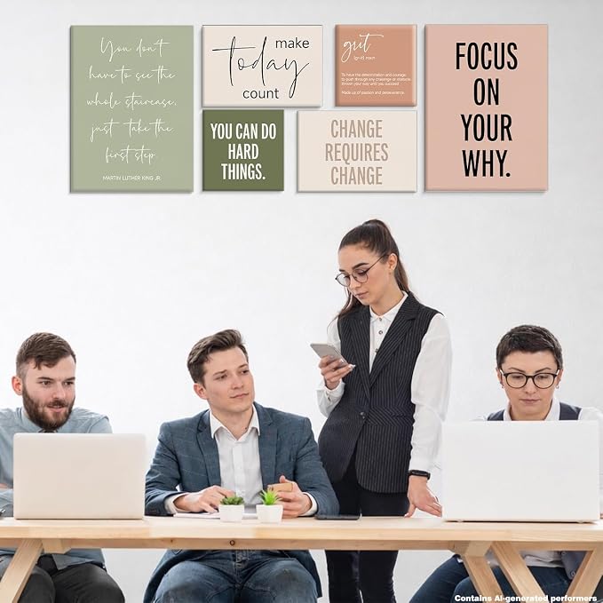 Framed Motivational Office Wall Decor, Set of 6 Boho Inspirational Canvas Wall Art Office Decorations for Work, Positive Affirmations Quotes Posters for Workout Room Home Bedroom