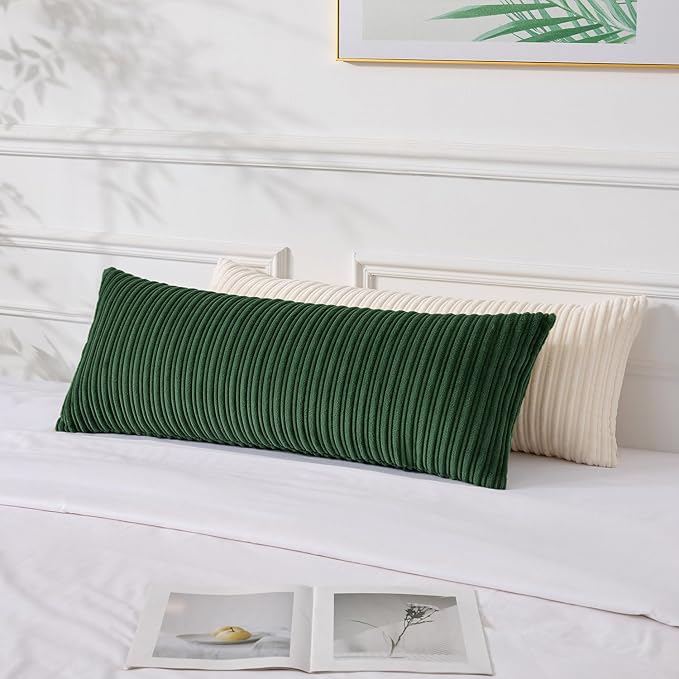UGASA 14x36 Inch Christmas Pillow Cover Pack of 1 Soft Boho Stripe Corduroy Large Long Rectangle Lumbar Cushion Case Farmhouse Decorative Pilowcase for Bed Couch Sofa Bedroom, Christmas Green