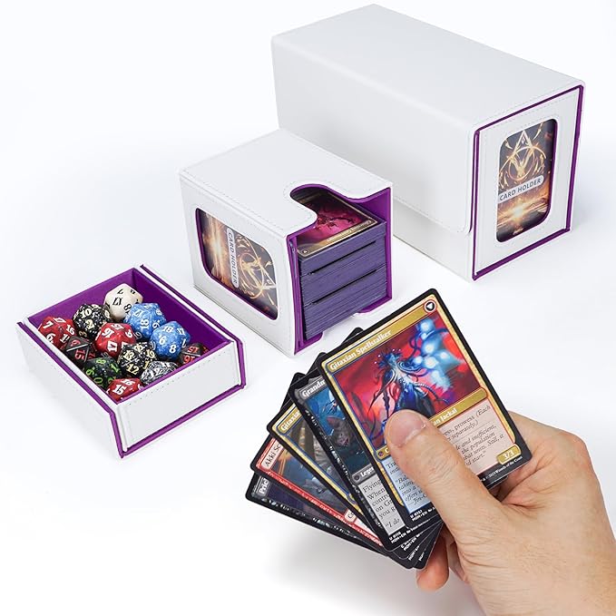 AFIING MTG Commander Card Storage Box - Fits 200 Double Sleeved Cards,3-in-1Card Deck Case,Mtg deck Card Organizer For Commander TCG CCG,4Dividers &2 Toploaders, Whtie/Purple