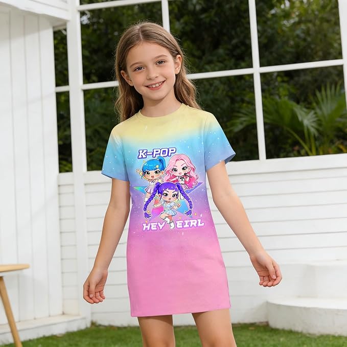 Girl's Anime K-POP Graphic Long Dress T-Shirt - Casual Loose Fit Short Sleeve Top