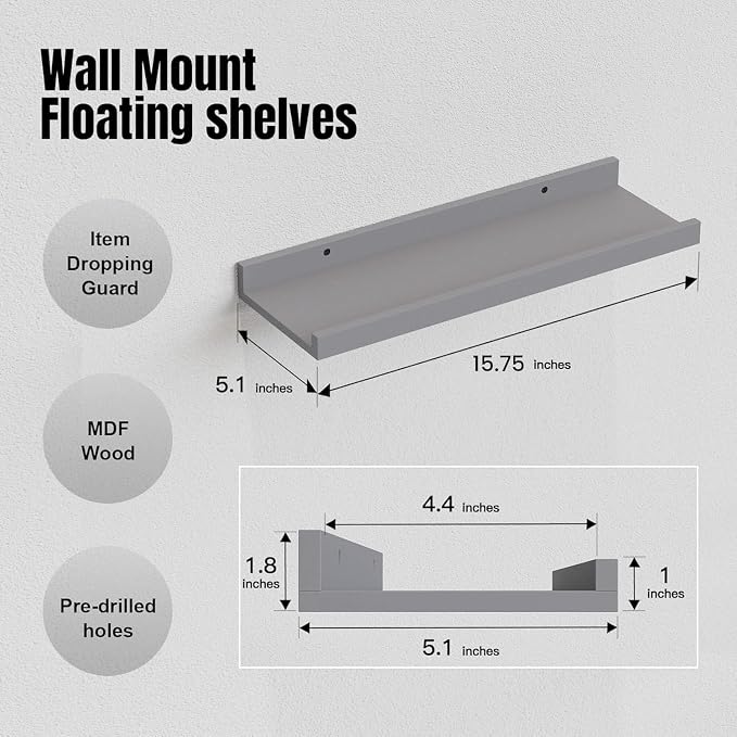 RICHER HOUSE Mounted Shelves for Wall Decor, Modern Picture Ledge Shelf with Lip for Wall Storage Nursery, Bedroom, Living Room, Bathroom - Grey | Display Picture Ledge Shelf, Anti-drop lip Shelf for Room Wall Decor, Bedroom Bathroom Storage Nursery Bo...