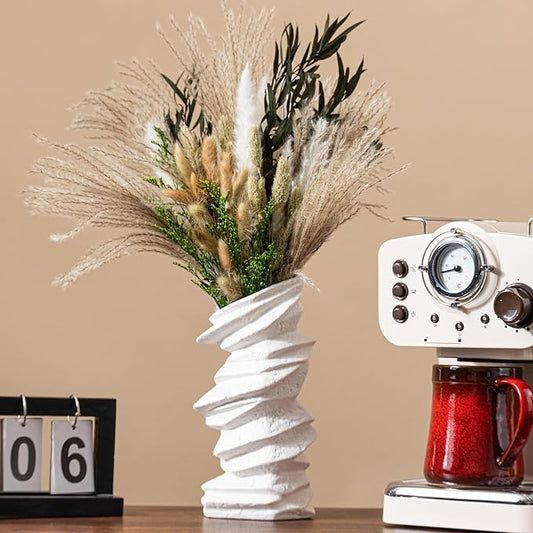 Stone-Stack White Ceramic Vase - 10" Unique Flower Vase for Pampas Grass, Farmhouse Decorative Vase for Living Room/Office, Boho Vase Ideal for Home Gifts & Centerpieces