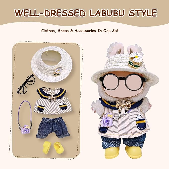 17cm Doll Clothes Set (6-Pcs Outfit), Stylish Clothing for Bunny Doll with Top, Pants, Shoes & Accessories, Just Clothes