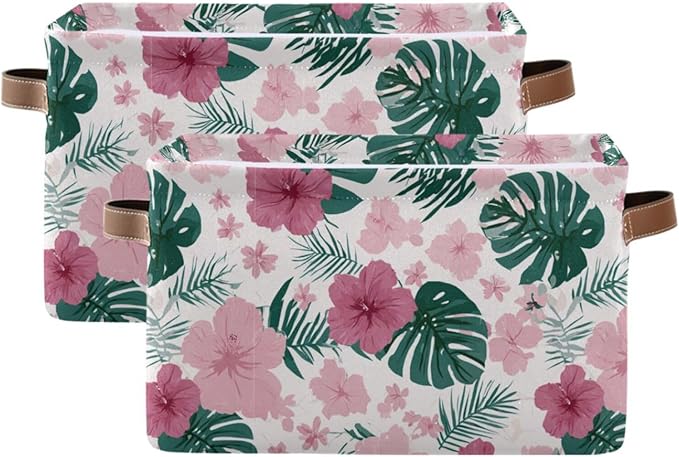 Aslsiy Storage Basket Hibiscus Flower Pink Nursery Bins Monstera Leaf Baby Box Canvas Clothes Shelf Basket Laundry Hamper 1 Pcs