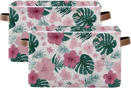 Aslsiy Storage Basket Hibiscus Flower Pink Nursery Bins Monstera Leaf Baby Box Canvas Clothes Shelf Basket Laundry Hamper 2 Pcs