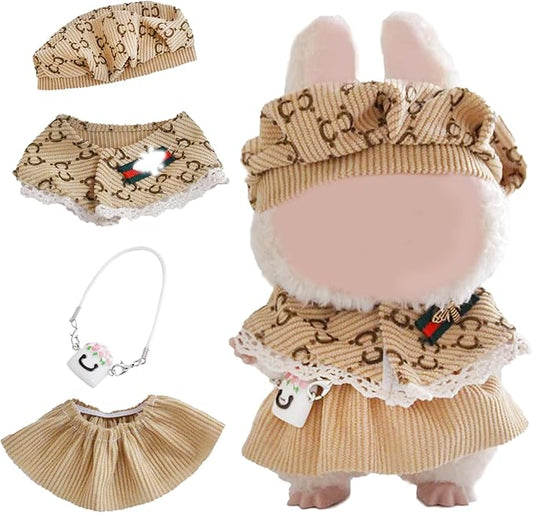 17cm Doll Clothes Set and Accessories Suit, (NO Doll) 4-Piece Set, British Style,Clothes for labubu, Including Shawls, Beret, Skirts, Bags (Khaki)
