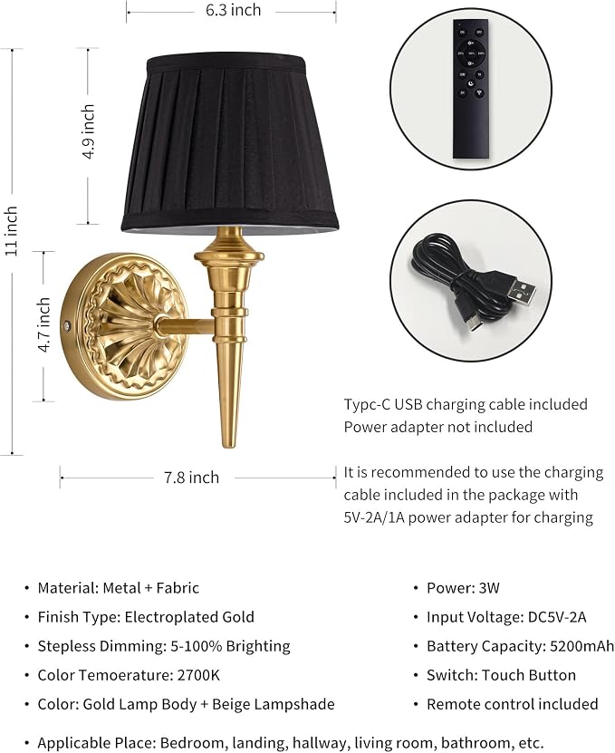 KDG Cordless Gold Wall Sconces Set of 2, Black Fabric Lampshde Wall Lamps | Small LED Wireless Portable Rechargeable Battery Lighting for Wall Painting, Living Room, Bedroom, Hallway, Gifts, Nightlight