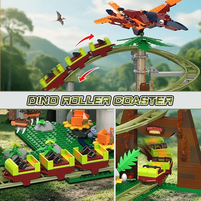 HOGOKIDS Dinosaur Roller Coaster Building Set - 1222PCS Rollercoaster Building Toy with 4 Dinosaur, Off-Road Vehicle, Food Cart, Dinosaur Models Playset Gift for Adults Kids Girls Boys Ages 8-12 Year