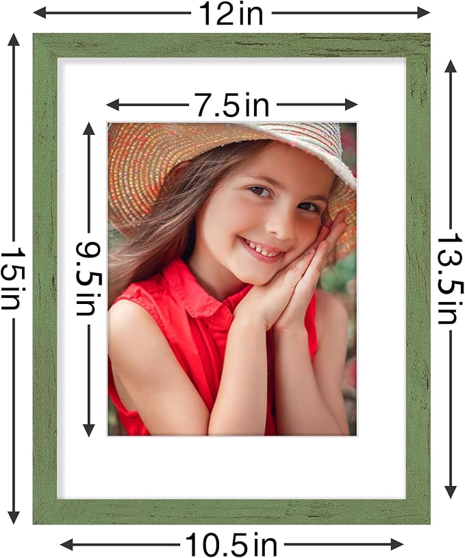 Vittanly 11x14 Picture Frames Set of 9 for Wall Mounting, Rustic Green | Display Pictures 8x10 with Mat or 11x14 without Mat, Engineered Wood with Shatter Resistant Plexiglass, Gallery Photo Frames