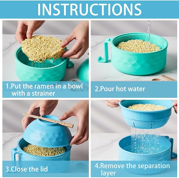 6 Sets Microwave Ramen Bowl Bulk 40 oz Wheat Straw Instant Ramen Cooker Set Portable Noodle Cooker with Handle Spoon Chopsticks Fork for College Dorm Room Gift (Blue,Green)