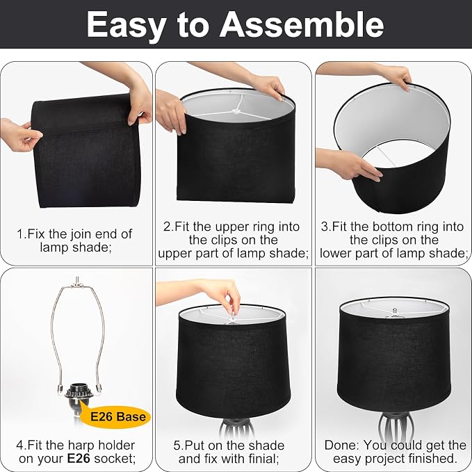 Black Lamp Shades Set of 2, 11.6"Top x 12.6"Bottom x 9.8"High Medium | Drum Lamp Shades for Table Lamps Floor Lamps Wall Lamps, Replacement Lampshades, Spider, Harp Holders Included, Easy Assembly