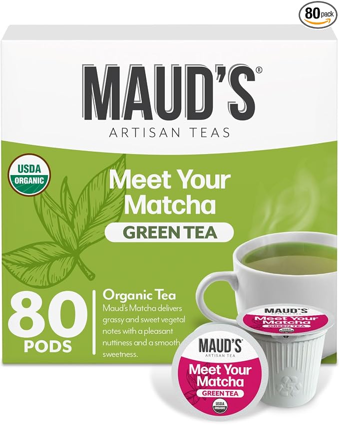 Maud's Organic Matcha Green Tea Pods, 80 ct, Single Serve Tea Pods – 100% Gourmet Blended Tea Leaves, Compatible with Keurig K Cups Maker
