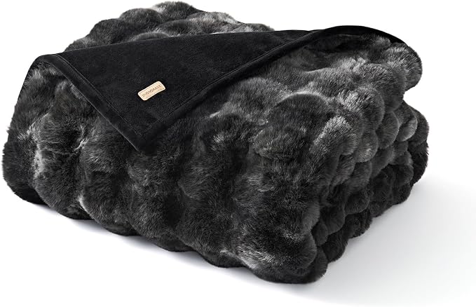 Faux Rabbit Fur Bubble Throw Blanket, 60"x80", Marble Black | Ultra Soft, Luxury Faux Rabbit Fur Throw, Thick Warm Bubble Blanket, Cozy Fluffy Reversible, for Bed, Couch, Chair, Sofa