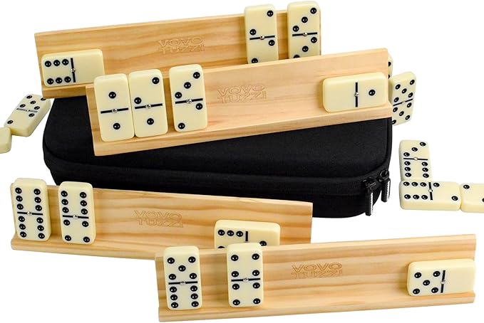 Dominos Set for Adults with 4 Wooden Racks/Stands, Jumbo Dominoes Travel Set with Portable Zipperd EVA Box, 28 Tiles Double 6 Domino Game Set - Classic Board Games, for Family and Outside Games