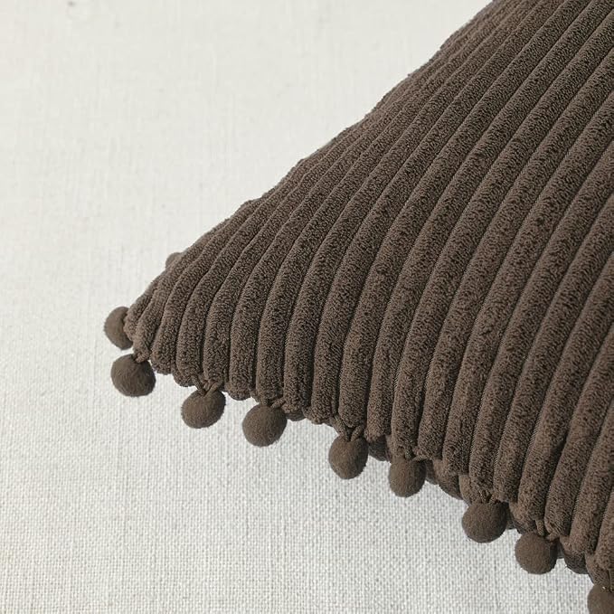 Fancy Homi Pack of 2 Dark Brown Decorative Throw Pillow Covers 12x12 Inch with Pom-poms for Couch Bed, Soft Corduroy Solid Square Cushion Case 30x30 cm, Farmhouse Boho Home Decor
