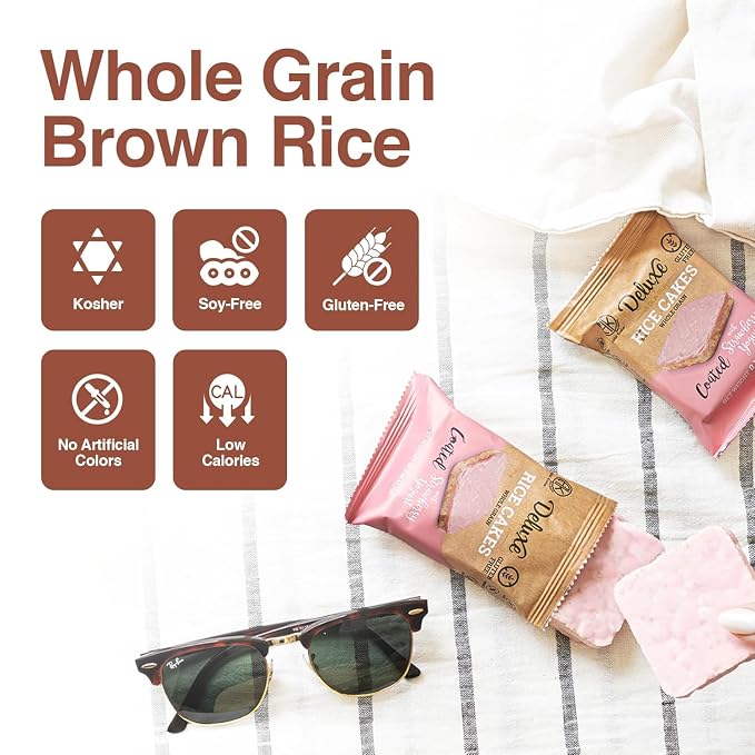 Deluxe & Bla Bla Chocolate Covered Rice Cakes 57 Pack – Whole Grain, Gluten-Free, Kosher Snack – Low-Calorie & Crunchy – Coated with Dark & White Chocolate & Strawberry Yogurt (19g Each)