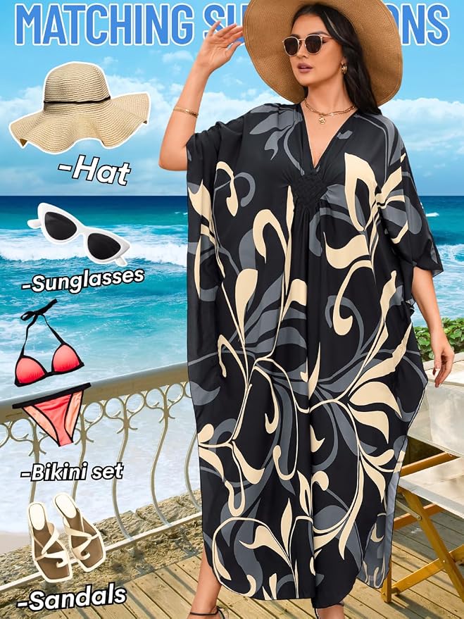 ChiaoLezhee Print Moo-Moos for Women, Kaftan Cover-Up Dresses, Sexy V-Neck High-Slit, Beach Pool-Party Coverups Muumuu Plus