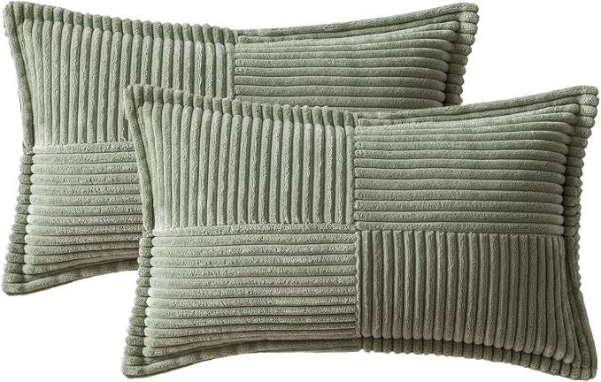MIULEE Decorative Lumbar Throw Pillow Covers 12x20 Light Olive Green 2 Pack | Boho Broadside Striped Patchwork Pillow Covers, Soft Corduroy Cushion Cases, For Couch Sofa Bed Livingroom Home Decor