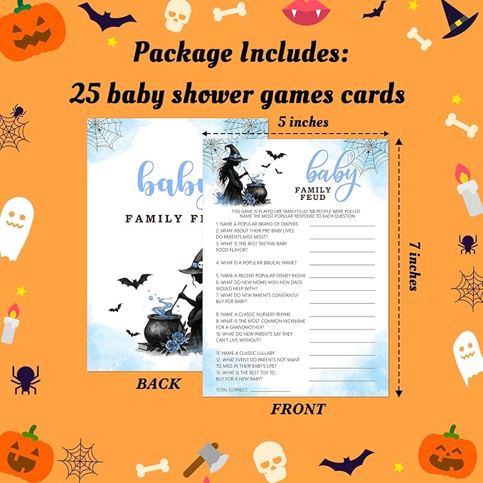 Hilarious Baby Shower Games, 25 Sets Halloween Baby Family Feud + Answer Card, Blue Witch Gender Reveal Game Cards for Party Announcement Supplies - B08