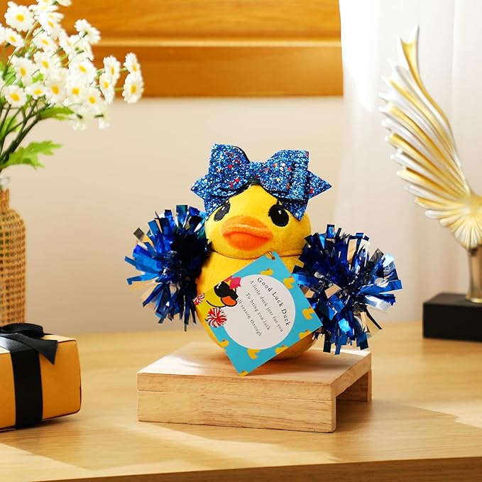 Lenwen Cheer Duck Plush with Pom Poms Bow 8 Inch Duck Stuffed Animals Plush Cheerleader Team Support Gift for Friend Cheer