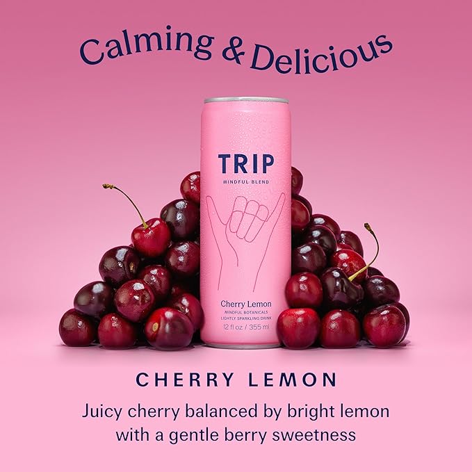 TRIP Lightly Sparkling Adaptogen Drink, Non Alcoholic Drink with Magnesium, Ashwagandha, Lions Mane & L Theanine, No Added Sugar Mocktail, Vegan, Cherry Lemon, 12 Oz, 12Pk