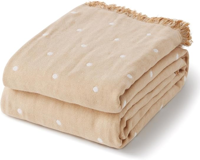100% Cotton Boho Throw Blanket for Home Decor – Classic Farmhouse Quilt Bedding, Muslin Blankets for Adults, Vintage Woven Decorative Blanket for Couch, Bed Layering Use, Classic Dotted, 90"x90"