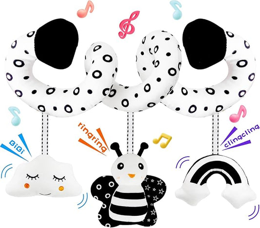 kizh Baby Hanging Stroller and Car Seat Toys High Contrast Baby Toys for Newborn Black and White Sensory Plush Activity Toys for Babies 0-6 Months-BEE