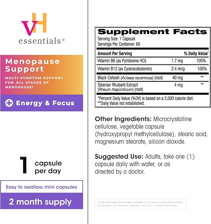 vH essentials Menopause Relief Plus Energy & Focus Support 60 Capsules – Multi-Symptom Support for All-Stages of Menopause: hot Flashes, Night Sweats, Mood Swings, Fatigue & Brain Fog