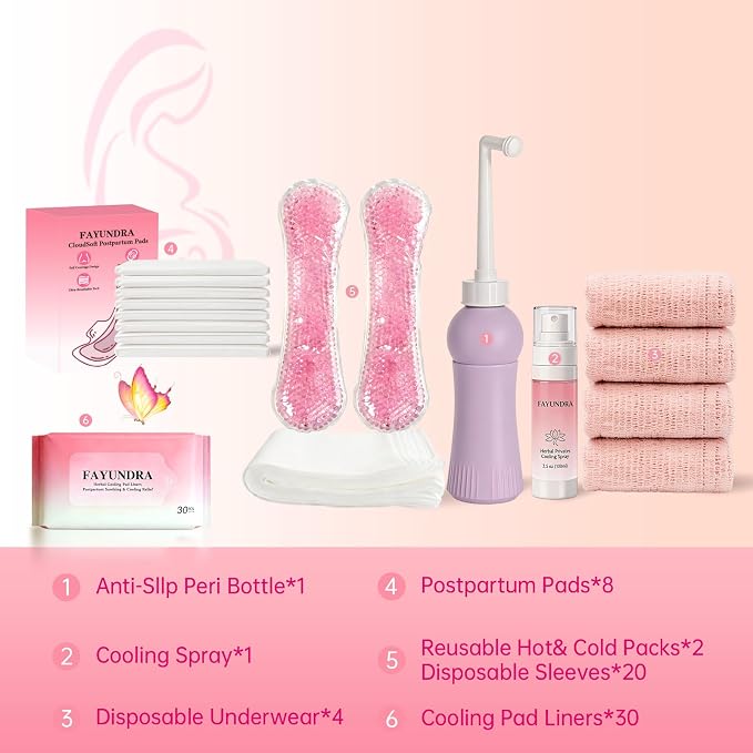 Postpartum Recovery Kit for Mom After Birth, Recovery Essentials with Peri Bottle, Cooling Spray, 4 Disposable Underwear, 30 Pad Liners & Hot Cold Packs