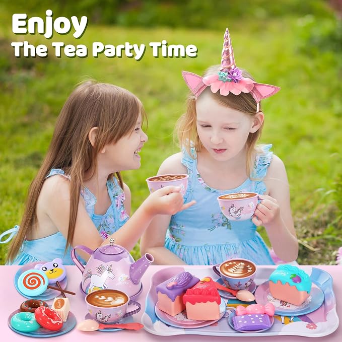 55Pcs Tea Party Set for Little Girls, Princess Tea Party Set, Unicorn Kid Tin Tea Set,Kids Kitchen Pretend Toy, Toddler Tea Party Set for Girl 3-5, Tea Party Easter Birthday Gift for 4 Year Old