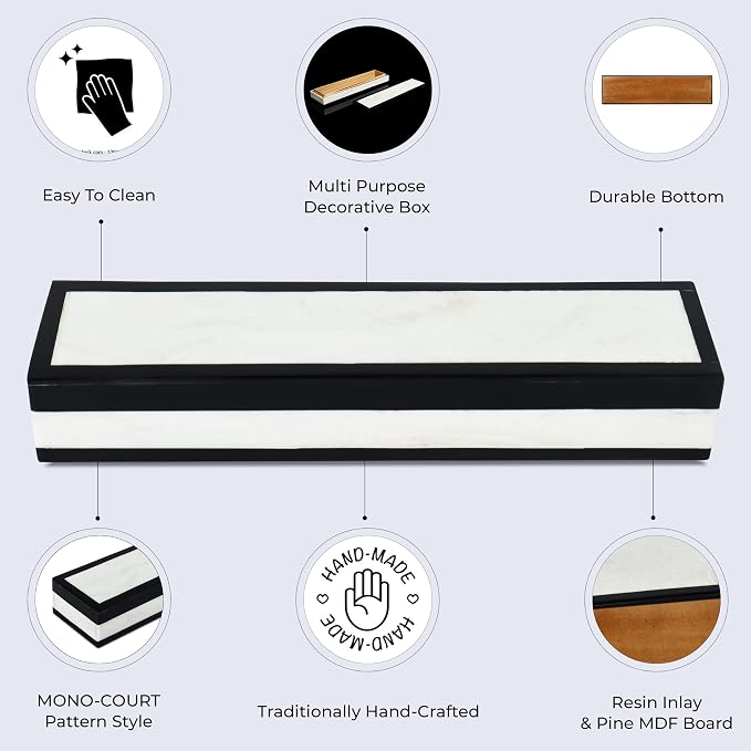 Handicrafts Home Slim Decorative Storage Box with Lid– Black White Modern Storage Box, Remote Control Holder, Coffee Table Organizer, Minimal Desk Storage Box for Living Room– Mono Court 10x2.5x1.5