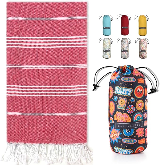 BAY LAUREL Turkish Beach Towel with Travel Bag 39 x 71 Quick Dry Sand Free Lightweight Large Oversized Towels Light (Red with Mix Black)