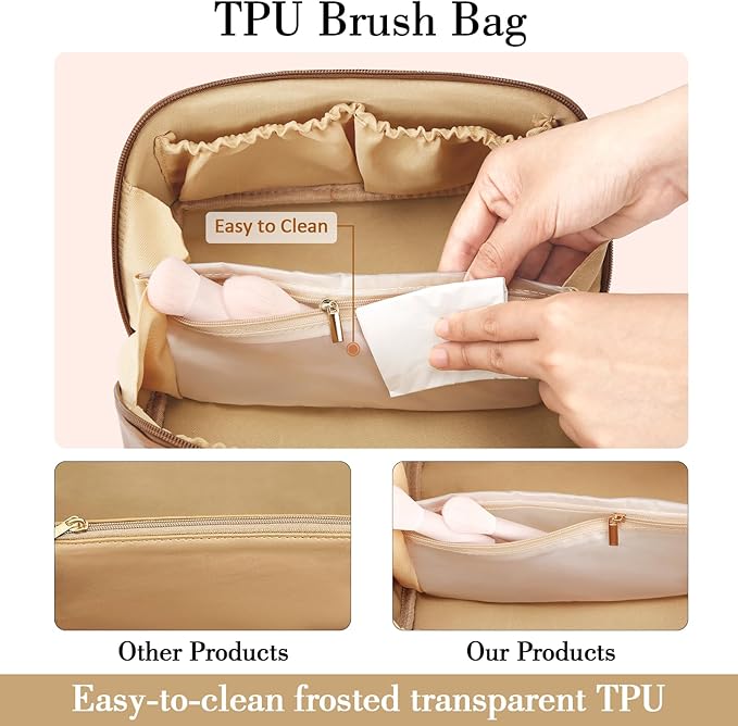 Birthday Gifts for Women Teen Girl, Personalized Initial Makeup Organizer Bag Set, Open Flat Travel Cosmetic Bag With Clear Divider and Handle(Brown,M)