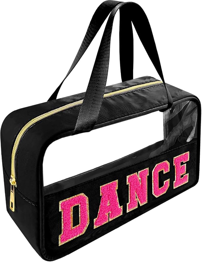 Bunliuys Chenille Letter Clear Makeup Bag Dance Patch, Travel Toiletry Makeup Bag with Handle, Nylon Waterproof Makeup Bags clear cosmetic bag, preppy patch makeup bag for Women (DANCE-Black)