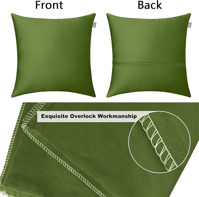 Thmyo 4-Pack 100% Cotton Comfortable Solid Decorative Throw Pillow Case, Square Cushion Cover Pillowcase Sublimation Blank Pillow Covers DIY Throw Pillowcase for Sofa(18x18 inch/ 45x45cm,Olive Green)