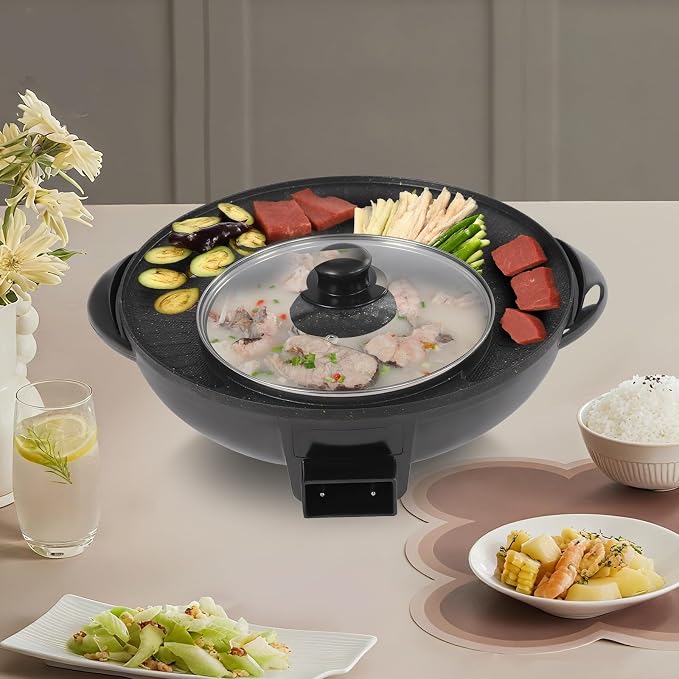 Hot Pot and Grill Combo Electric 2 in 1 Korean BBQ Grill Indoor Shabu Shabu Pot Electric Hot Pot with Grill for Hotpot BBQ, Barbecue & Grill (1350W)