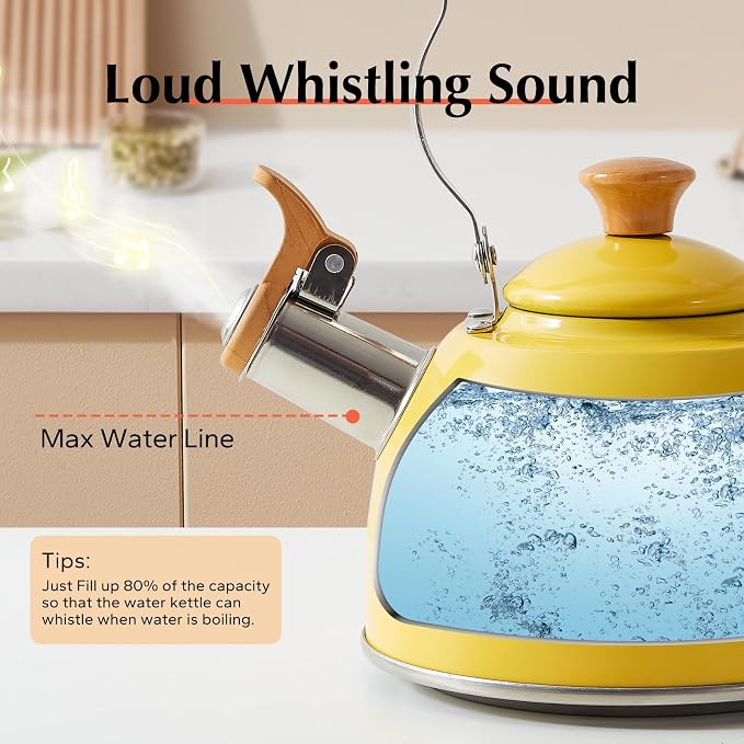 ROCKURWOK Tea Kettle, Tea Pot with Cool Touch Ergonomic Handle, Teapot Food Grade Stainless Steel, Tea Kettle Stovetop, Kettle Teapot, Whistling Tea Kettle, Small Tea Kettles, 1.6 Quart (Yellow)