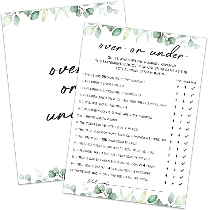 30 Pcs Over or Under Bridal Shower Game Wedding Shower Games, 30 Guests for Engagement Wedding Party, Bridal Games for Showers (Eucalyptus Botanical Style) -0014