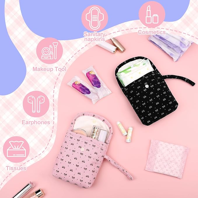 Bow Corduroy Sanitary Pad Pouch Soft Discreet Pad Bags for Period for Women Cute Nursing Pad Holder Menstrual Cup Tampon Pouch First Period Gift Feminine Bag (Black)